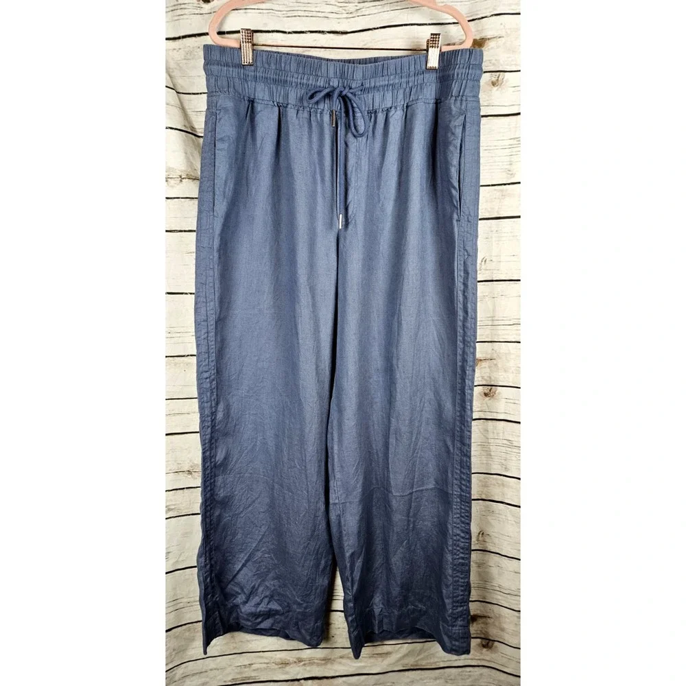 Quince 100% European Linen Pants XL Blue Wide Leg Pull On High Rise Coastal